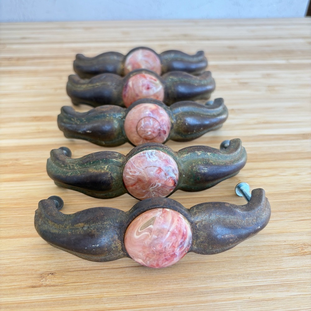 Vintage Metal Drawer Pulls Set of 5 Pink Marbled Faux Stone Aged Patina 4.25in